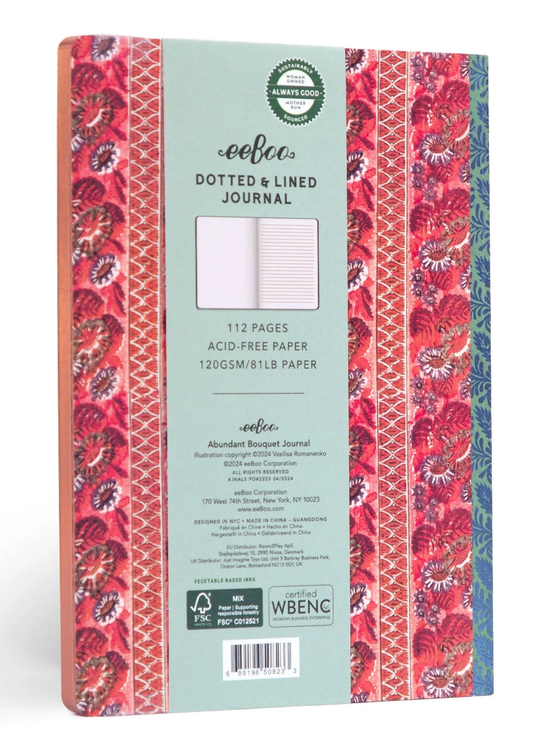 Abundant Bouquet Journal showing floral art cover with dot grid and lined pages, 112 gilt-edged recycled paper sheets.