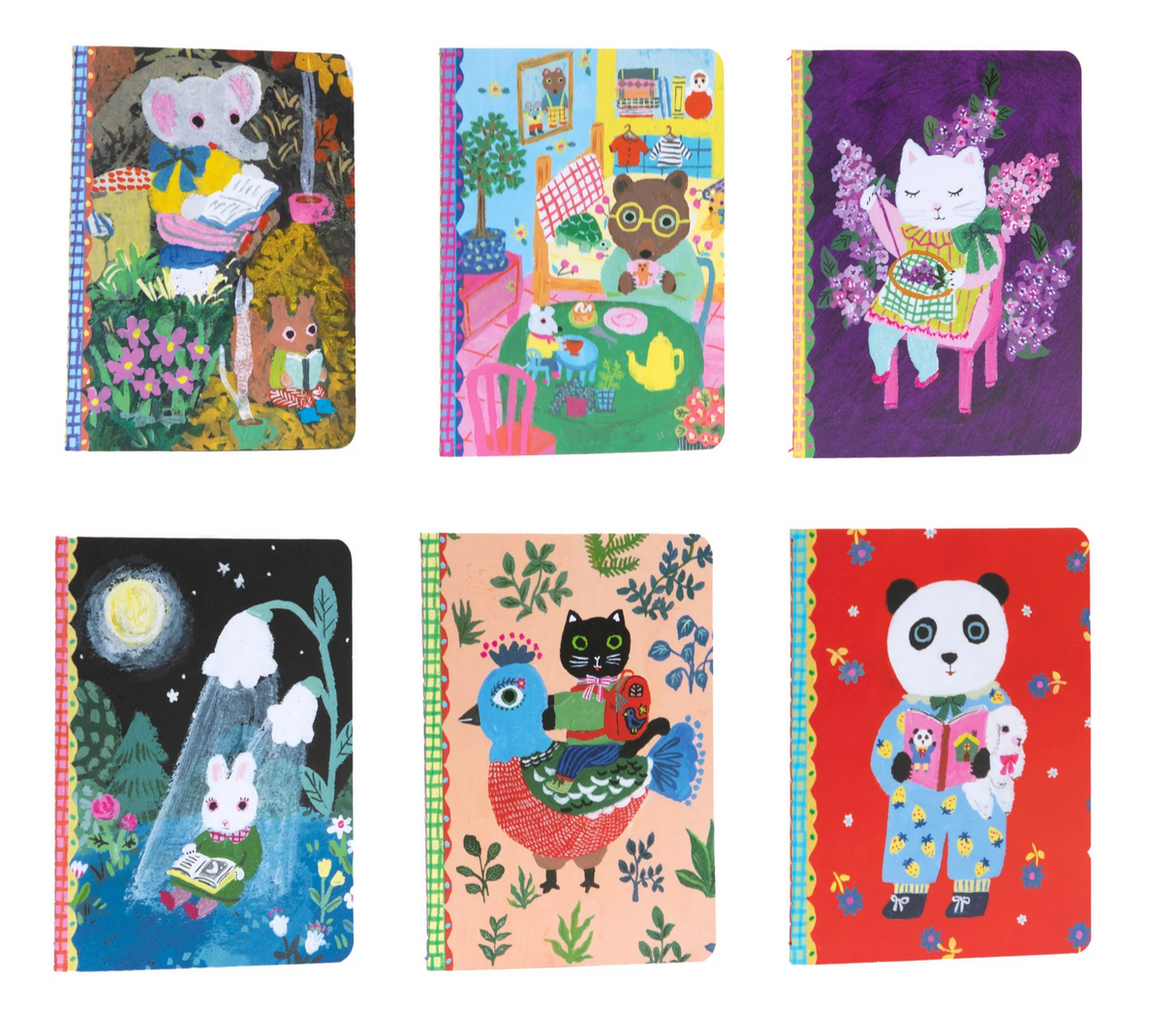 Tiny Journal | Yumi Kitagishi featuring six colorful small journals with playful animal artwork and thread-stitched binding.