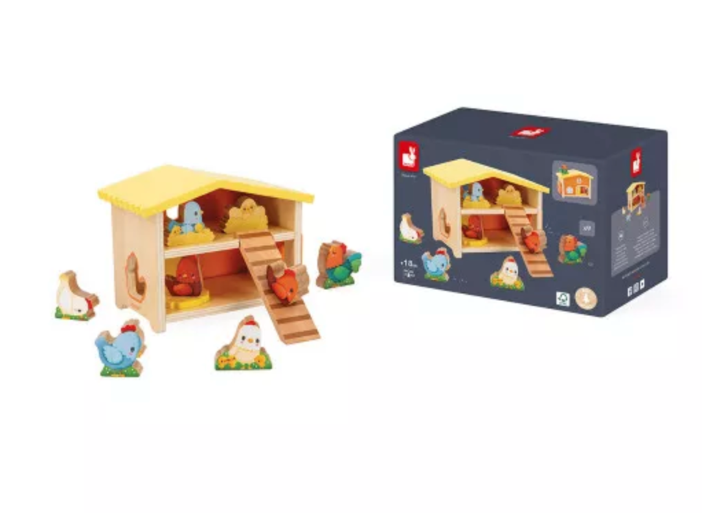 Farm My First Hen House wooden toy with 6 hens, 1 rooster, ladder, and henhouse for early learning.