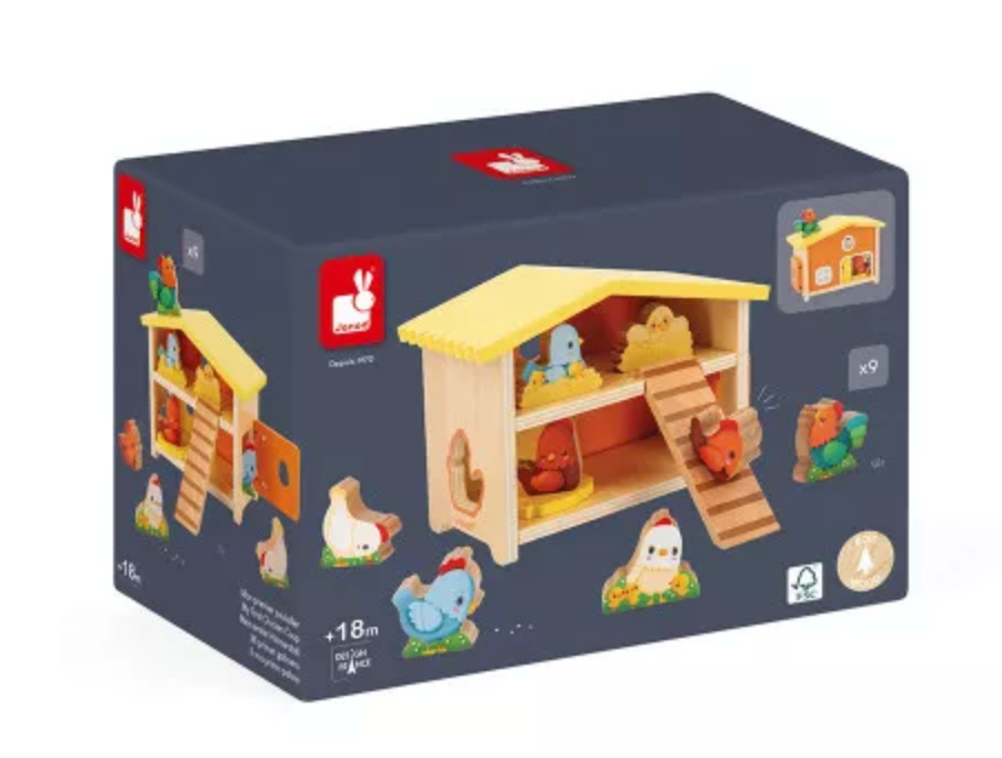 Farm My First Hen House wooden toy with 9 barnyard accessories for early learning and imaginative play.