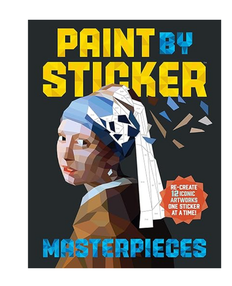 Paint By Sticker Masterpieces features a pixelated portrait with stickers to recreate 12 iconic artworks step by step.