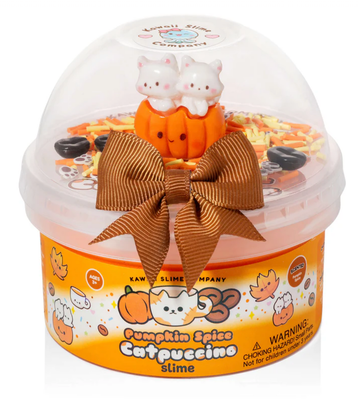 Pumpkin Spice Catpuccino Butter Slime in a clear cup with cat-shaped drizzles and autumn-themed decorations.