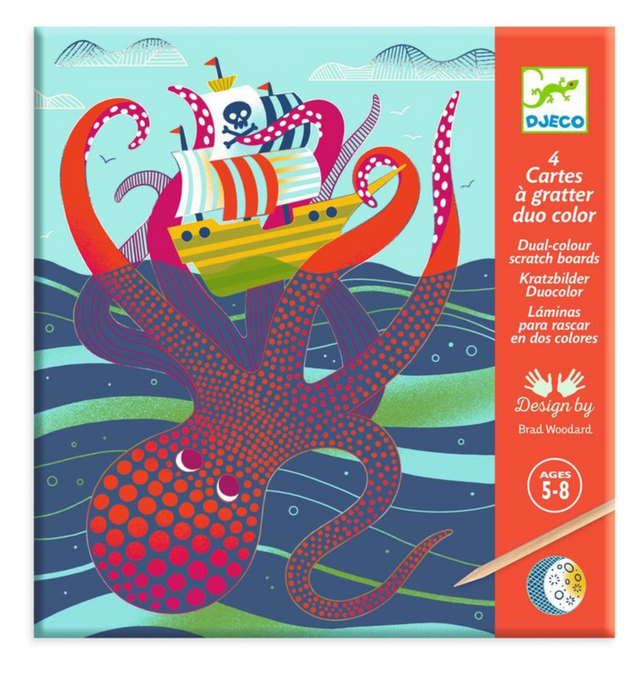 Scratch Art Topsy-Turvy set with 4 colorful scratch boards revealing hidden ocean patterns for children ages 5 to 8.