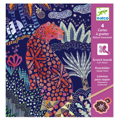 Scratch Art Lush Nature set showing a colorful leopard and lush foliage on a purple scratch board packaging.