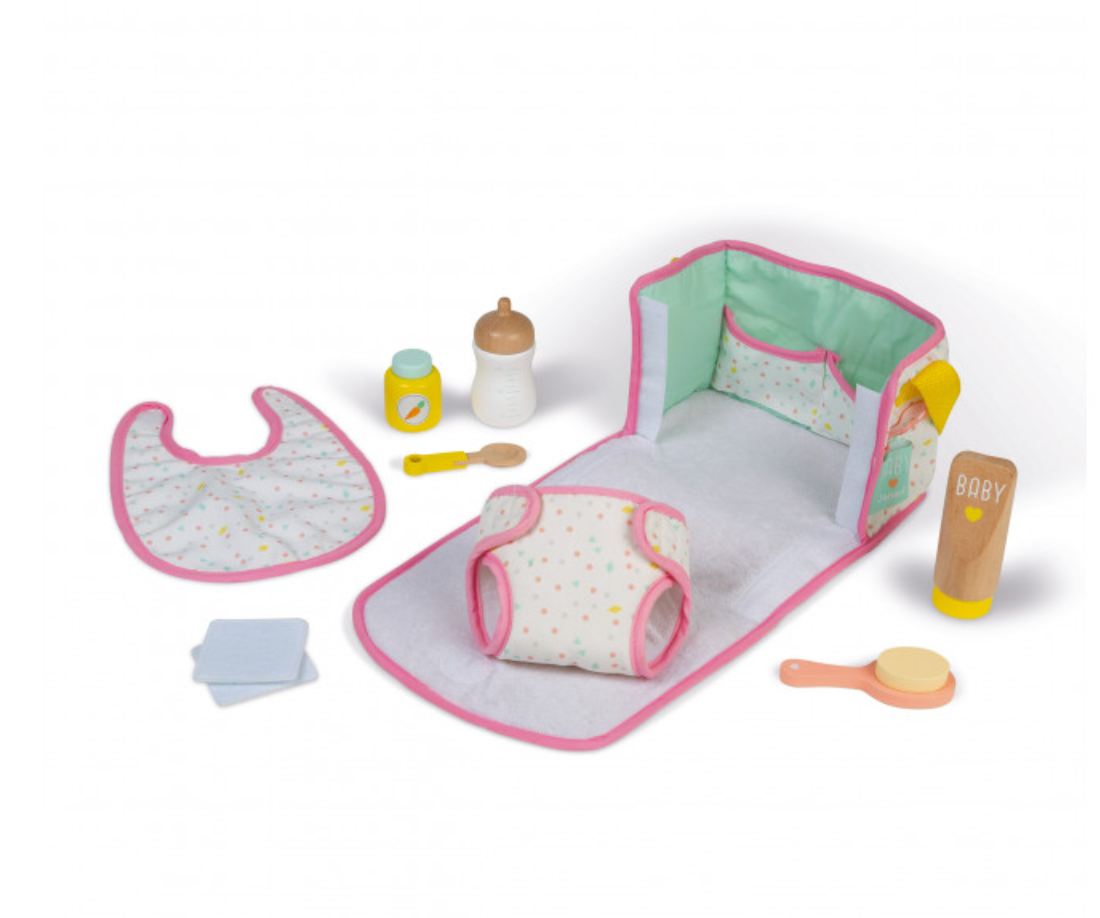 My First Diaper Bag with wooden baby accessories, soft fabric bag, changing pad, and pretend play items for kids ages 2+.