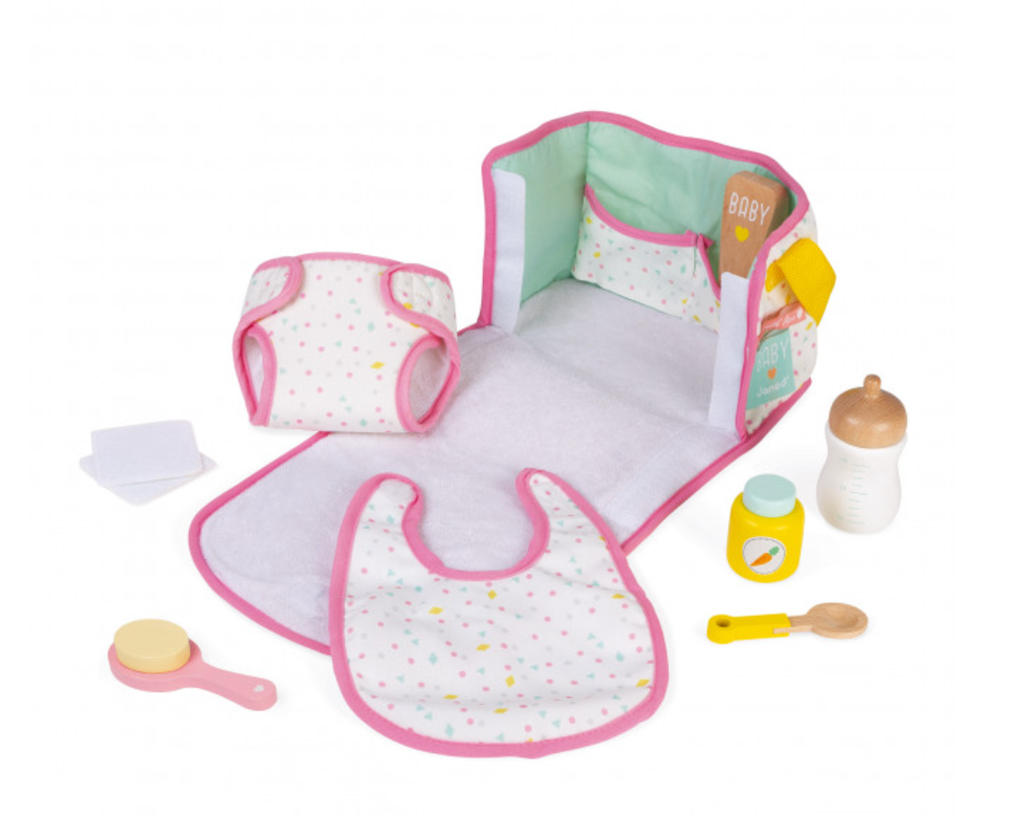 My First Diaper Bag with fabric changing pad, bib, bottle, diaper, brush, spoon, baby food jar, and wipes for pretend play.