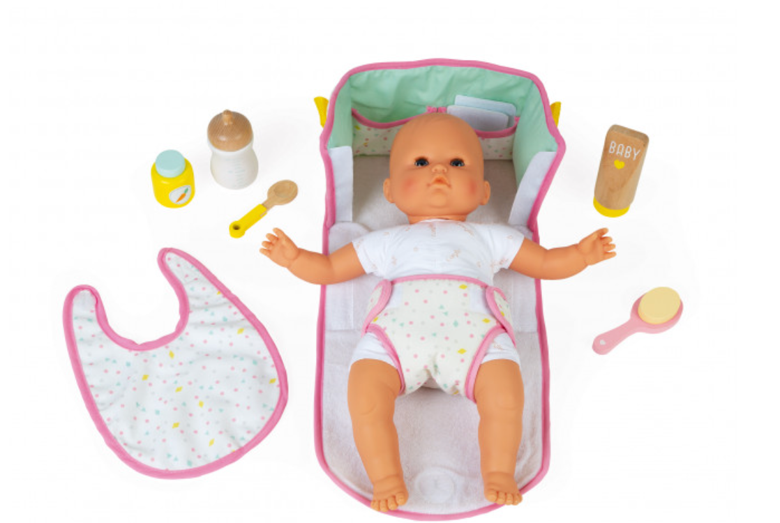 My First Diaper Bag with doll, bib, bottle, spoon, brush, baby food jar, rattle, diaper, and soft changing pad.