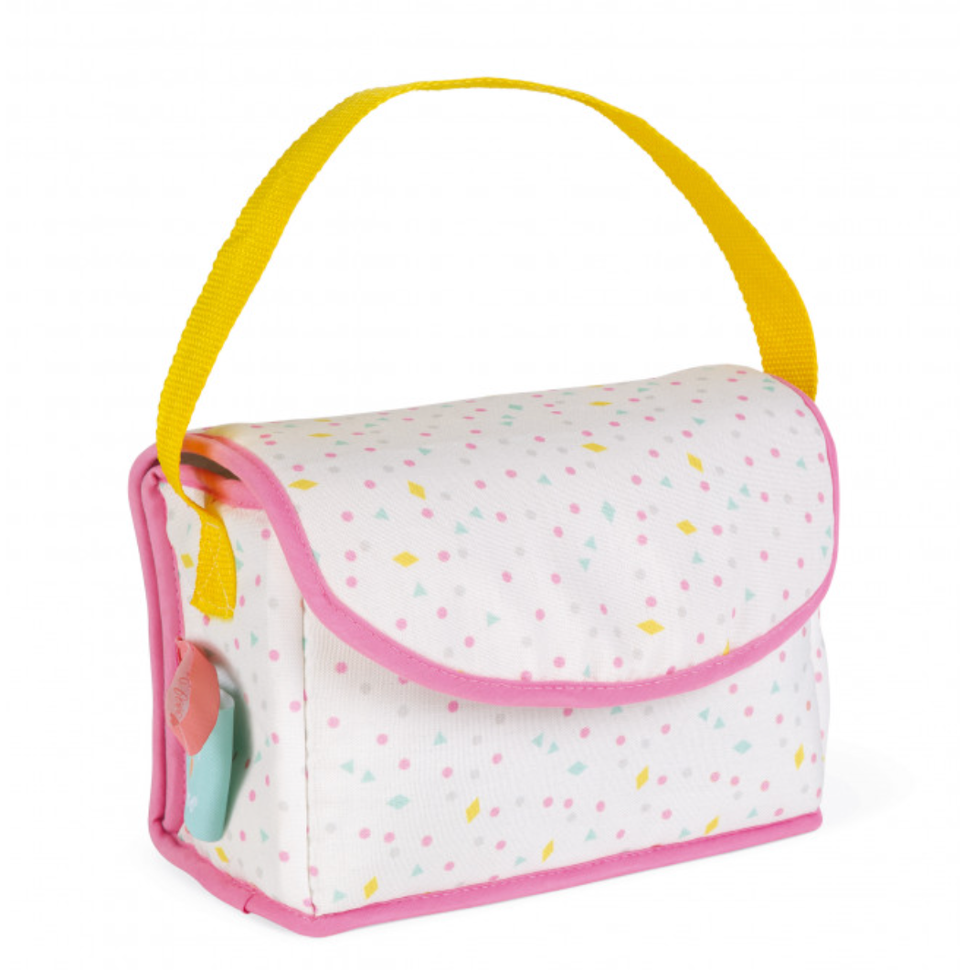 My First Diaper Bag with colorful confetti pattern, yellow strap, and pink trim, designed for pretend play with dolls.