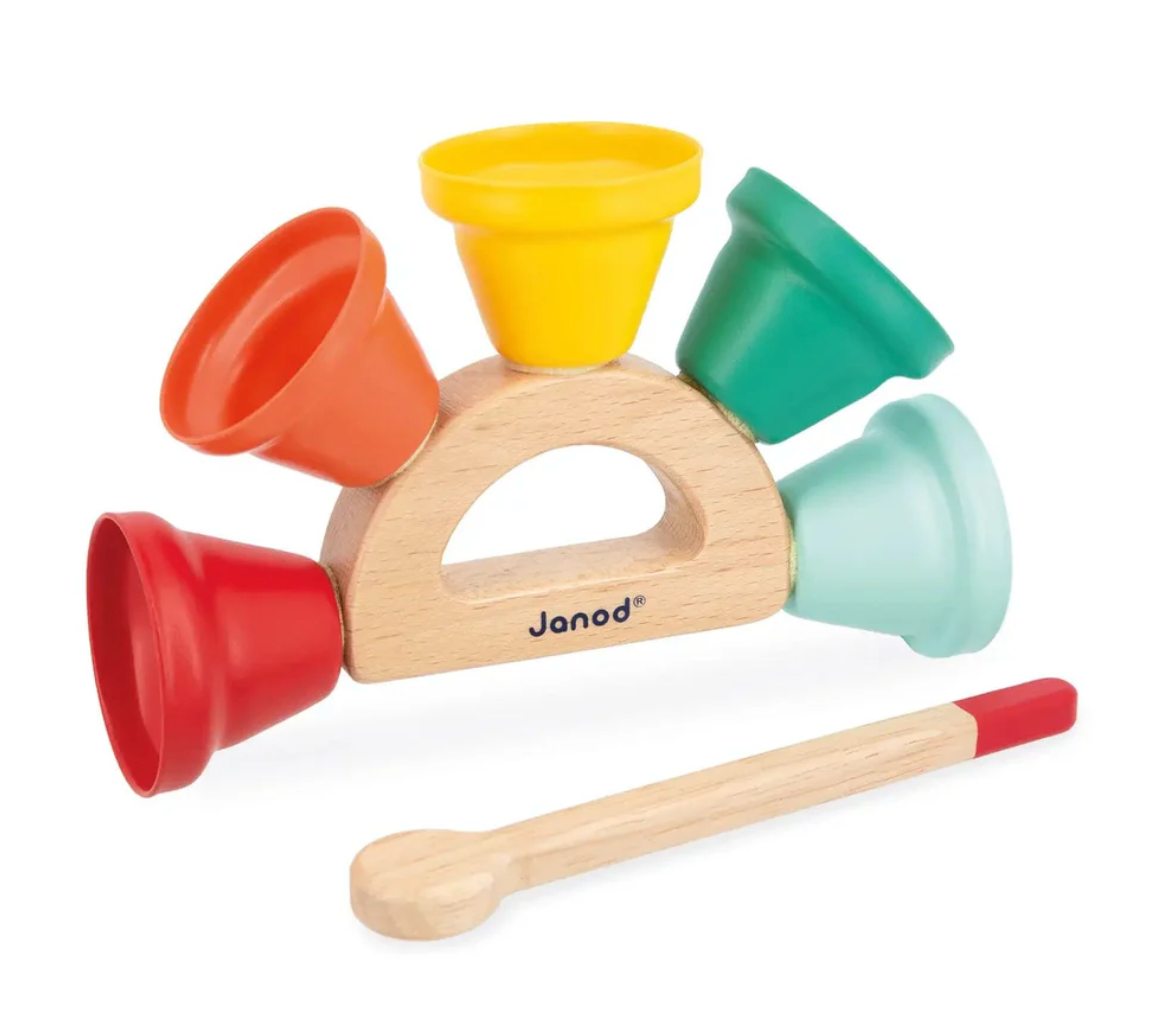 Musical Forest Bells wooden toy with five colorful bells and drumstick for early musical learning and hand-eye coordination.