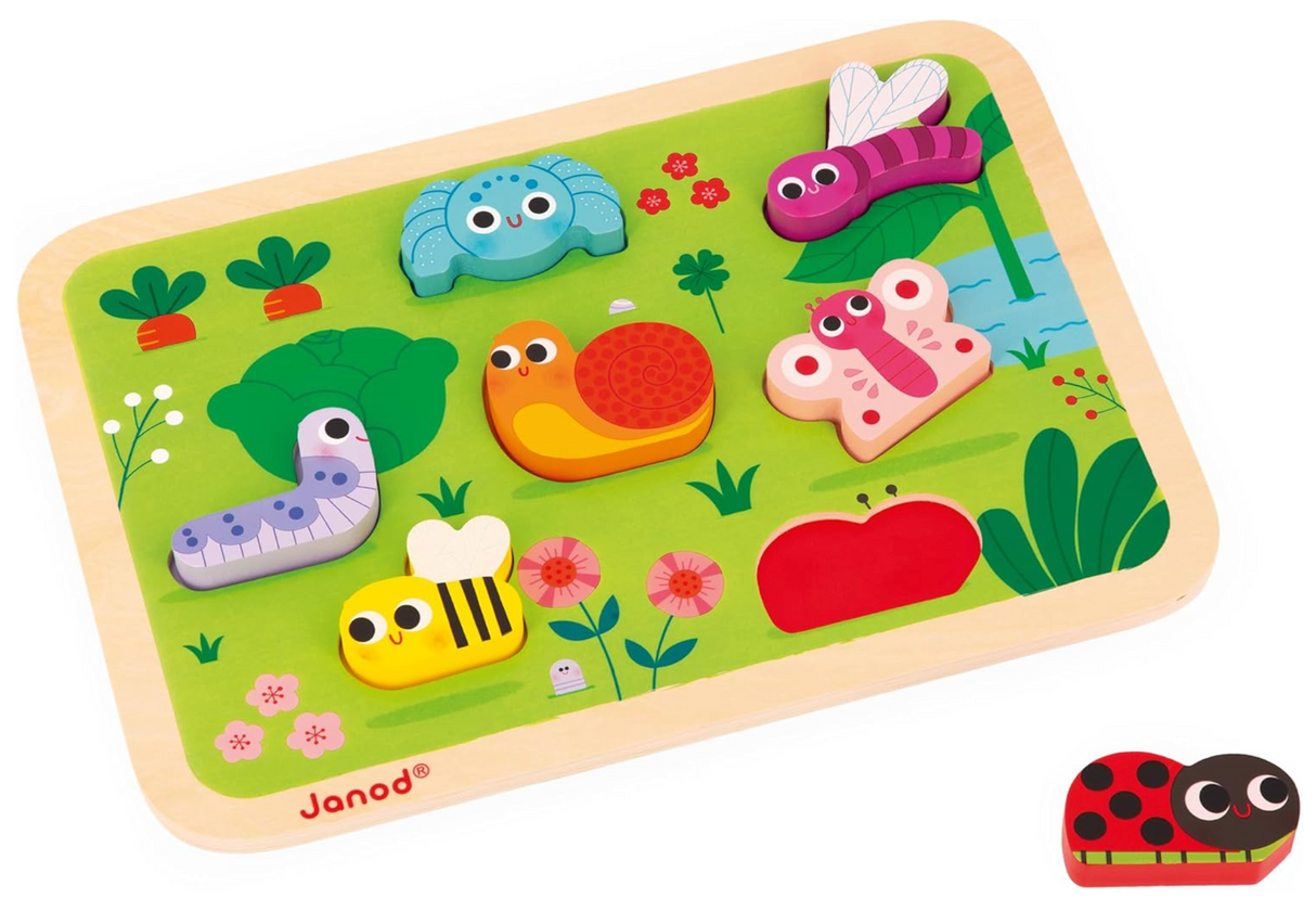 Chunky Garden Wooden Puzzle with seven colorful garden animal and plant pieces on a wooden board for toddlers.