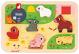 Chunky Barnyard Wooden Puzzle featuring colorful farm animal pieces including a cow, rabbit, horse, and pig on a wooden board.