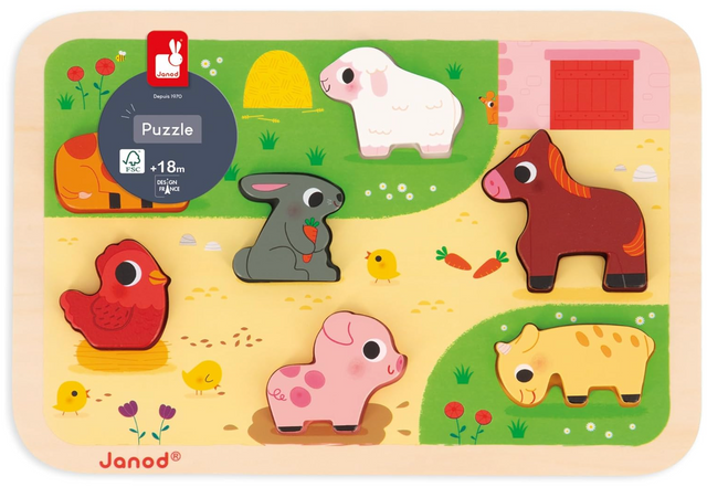 Chunky Barnyard Wooden Puzzle featuring colorful farm animal pieces including a cow, rabbit, horse, and pig on a wooden board.