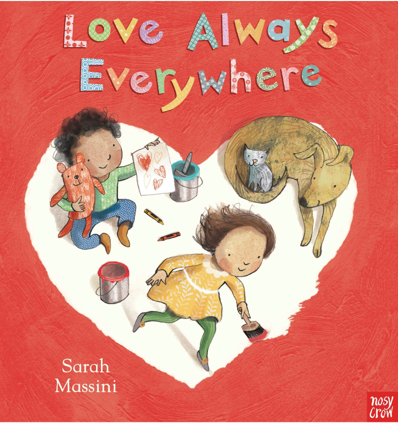 Illustrated cover of "Love Always Everywhere" showing children, a dog, and a cat inside a heart shape on red background.