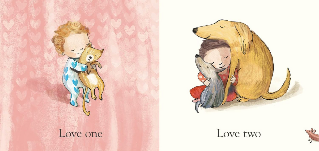 Illustration from Love Always Everywhere showing a child hugging a cat and another hugging two dogs with love-themed backgrounds.