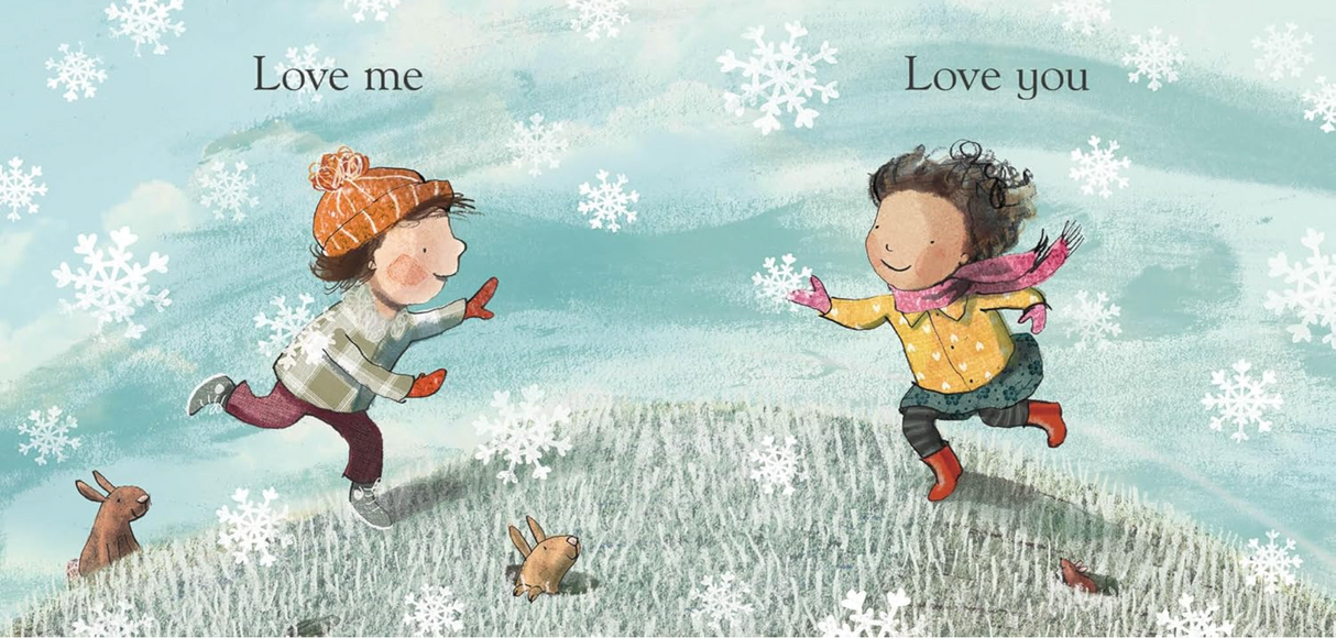 Illustration from Love Always Everywhere showing two children joyfully playing in the snow with rabbits around them.