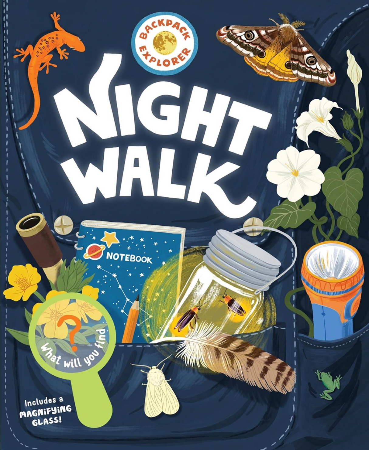 Backpack Explorer: Night Walk showing nighttime nature journal, magnifying glass, flashlight, and insect illustrations.