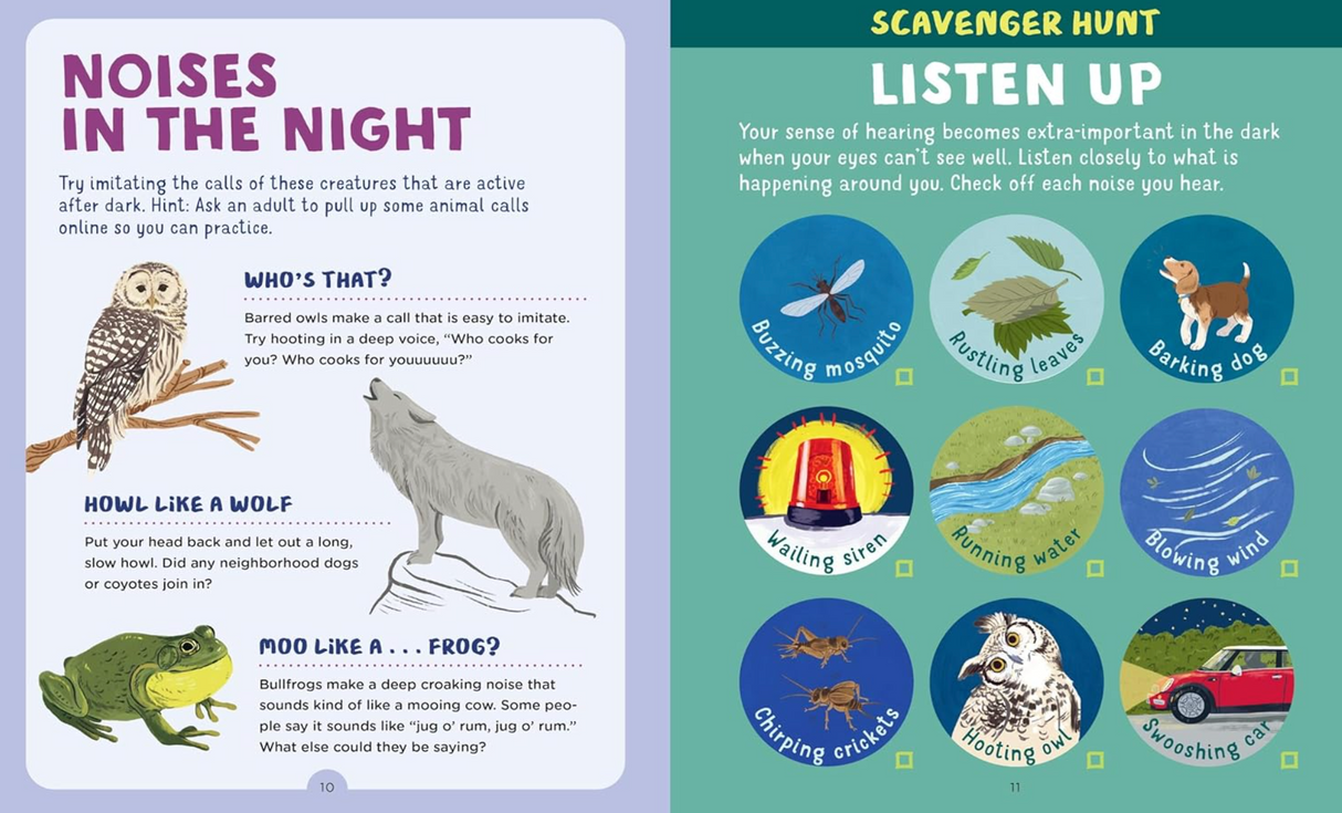 Backpack Explorere: Night Walk open pages showing nocturnal animal sounds and a nighttime scavenger hunt guide.