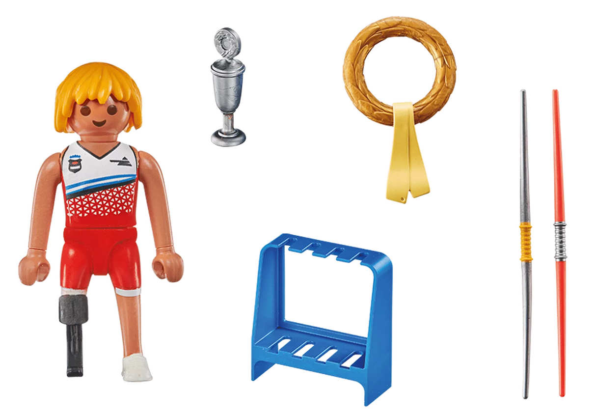 Special Plus | Javelin Thrower figure with prosthetic leg, javelins, trophy, victory wreath, and blue holder accessories.