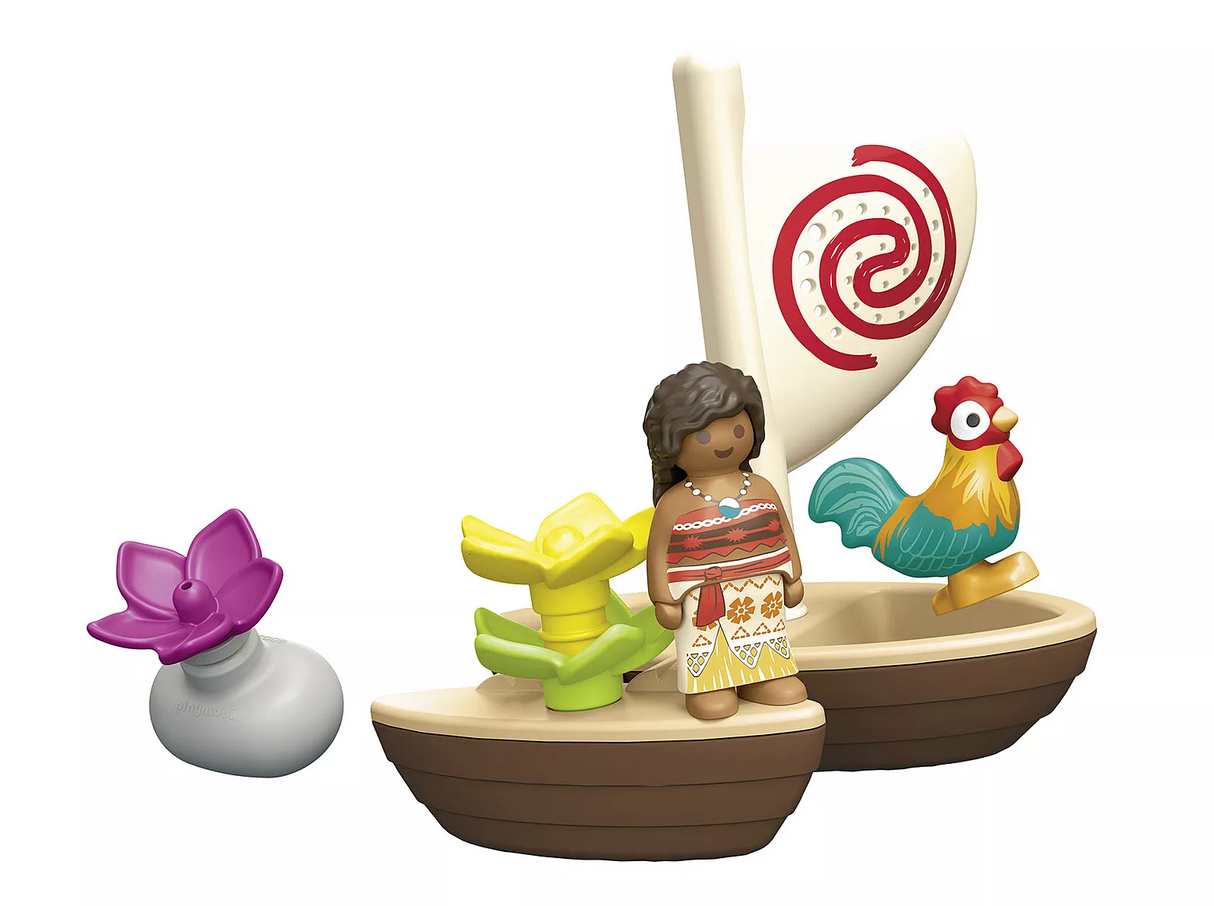 Junior Moana's Boat toy with Moana figure, rooster, colorful flowers, and sail for water play fun.