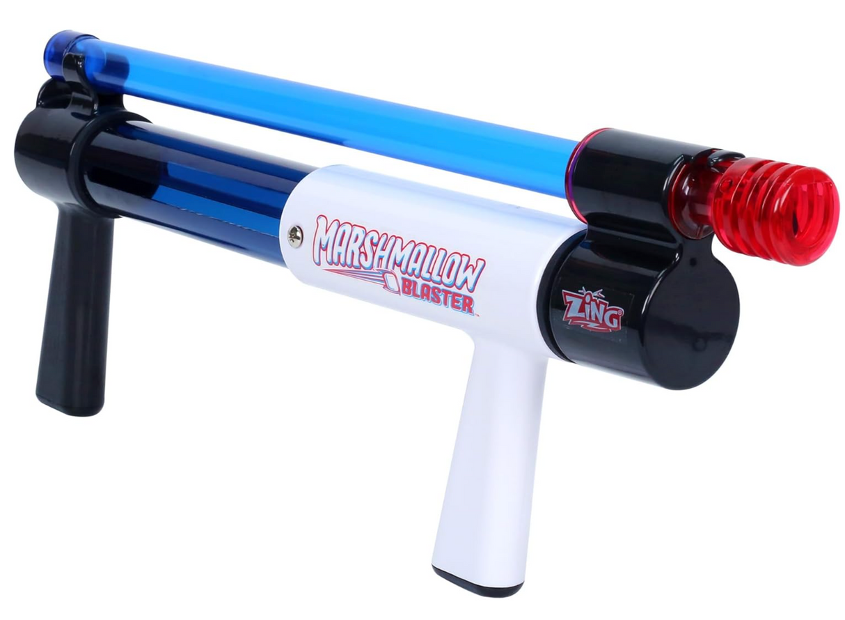 Marshmallow Pump Action Blaster in blue, white, and red with a trigger handle for shooting mini marshmallows safely.
