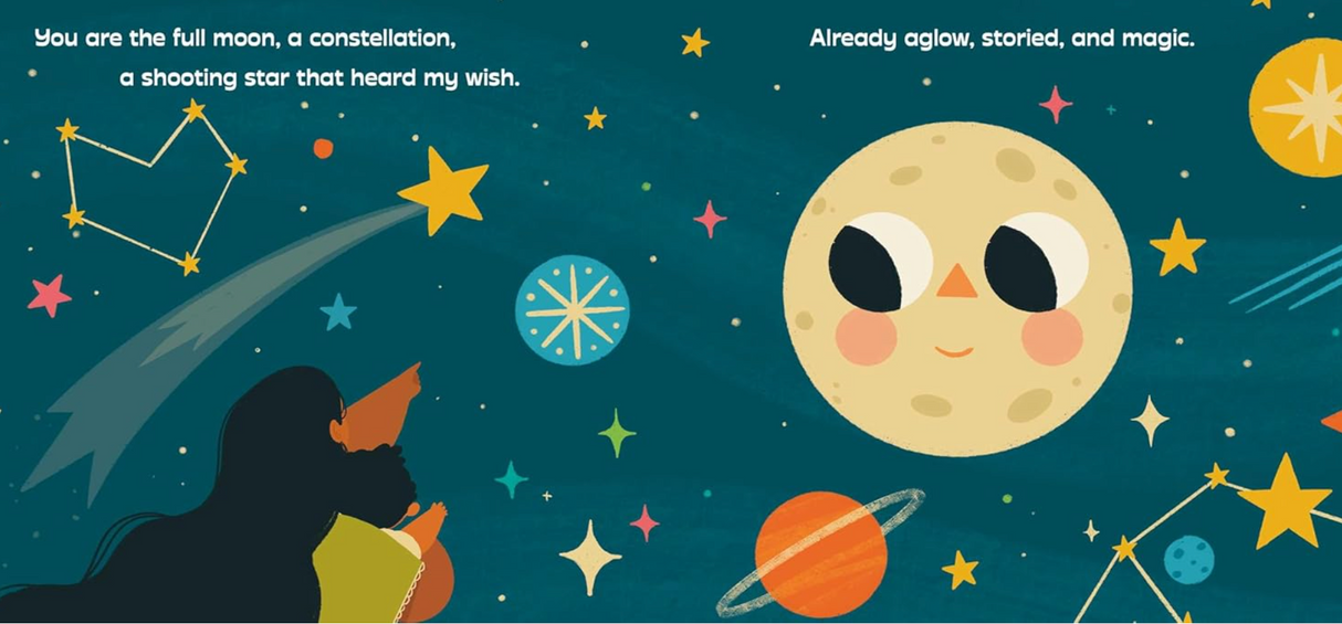 Already All the Love board book showing a child and adult gazing at a glowing moon and stars with calming, colorful illustrations.