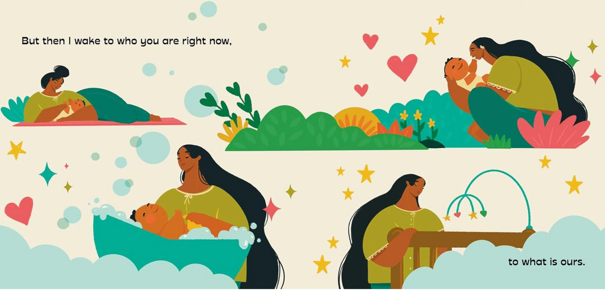 Illustrations from Already All the Love showing a caregiver bonding with a baby through daily moments and gentle care.