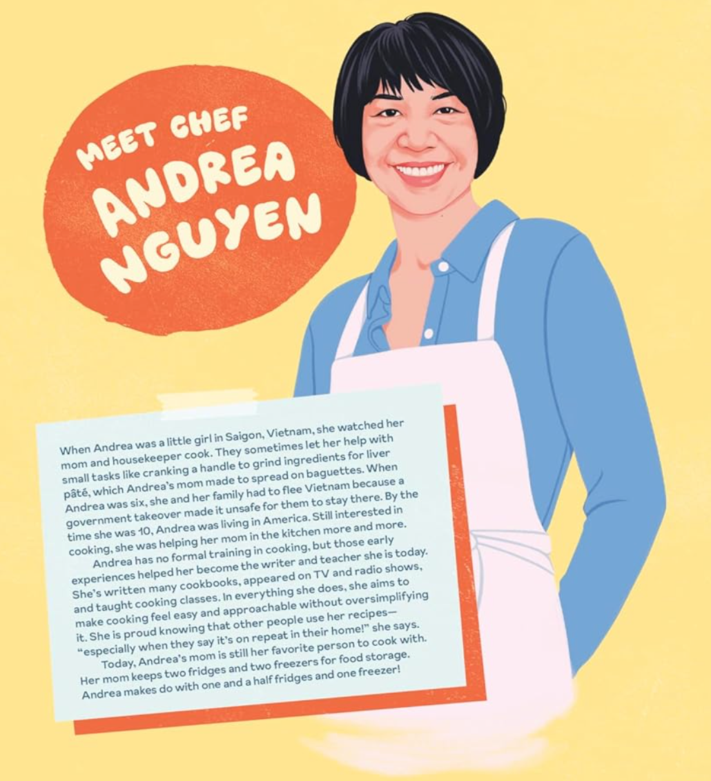 Illustration of Chef Andrea Nguyen with a bio promoting Rebel Girls Cook cookbook for young chefs and cooks.