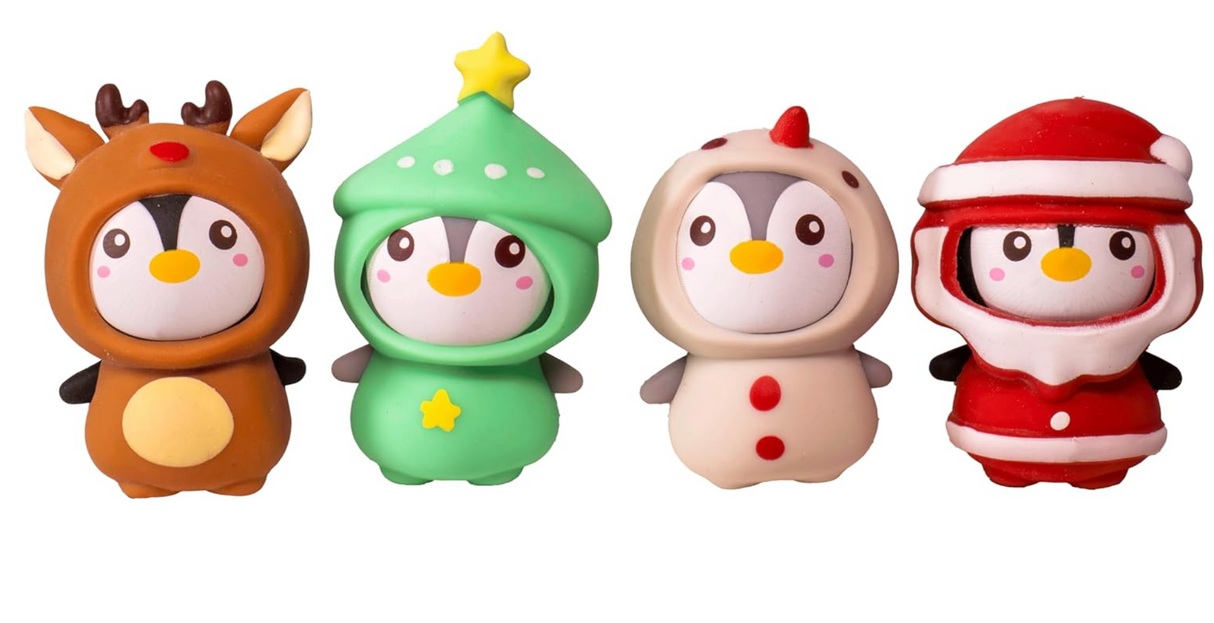 Christmas Penguin Squeezy soft squishy toys in festive holiday costumes for stress relief and stocking stuffers.