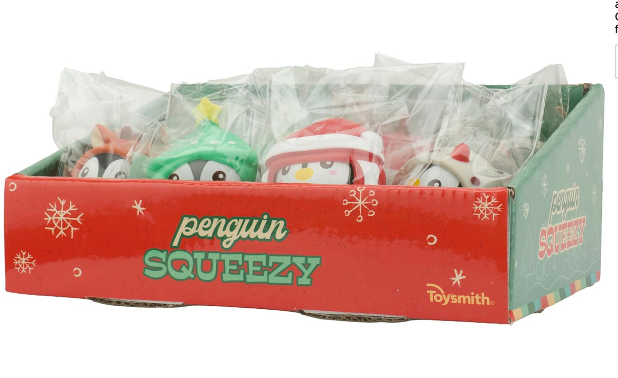 Christmas Penguin Squeezy holiday squishy toys in festive packaging, perfect for stress relief and stocking stuffers.