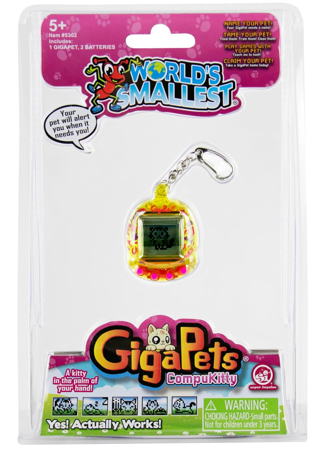 World's Smallest Giga Pet CompuKitty virtual pet keychain with interactive digital screen and clip-on design.