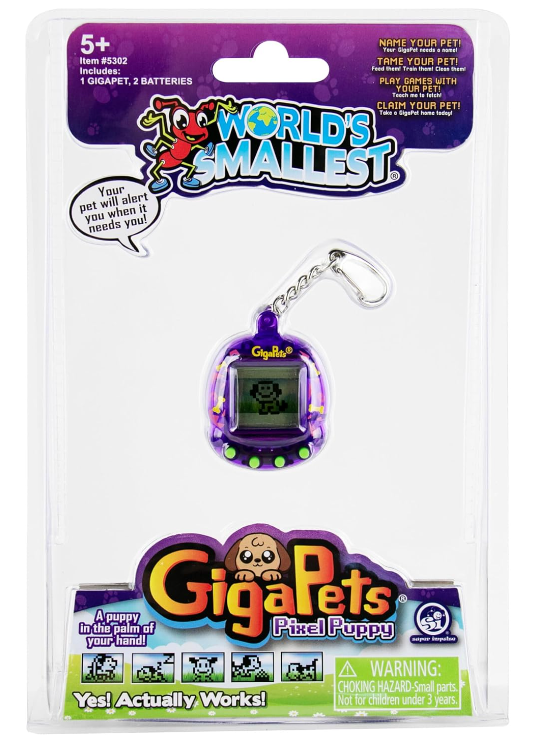 World's Smallest Giga Pet Pixel Puppy virtual pet keychain in purple with interactive games, feeding, and taming features.