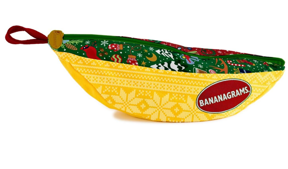 Bananagrams | Winter Wonderland game in a festive patterned pouch shaped like a banana for fun word play.