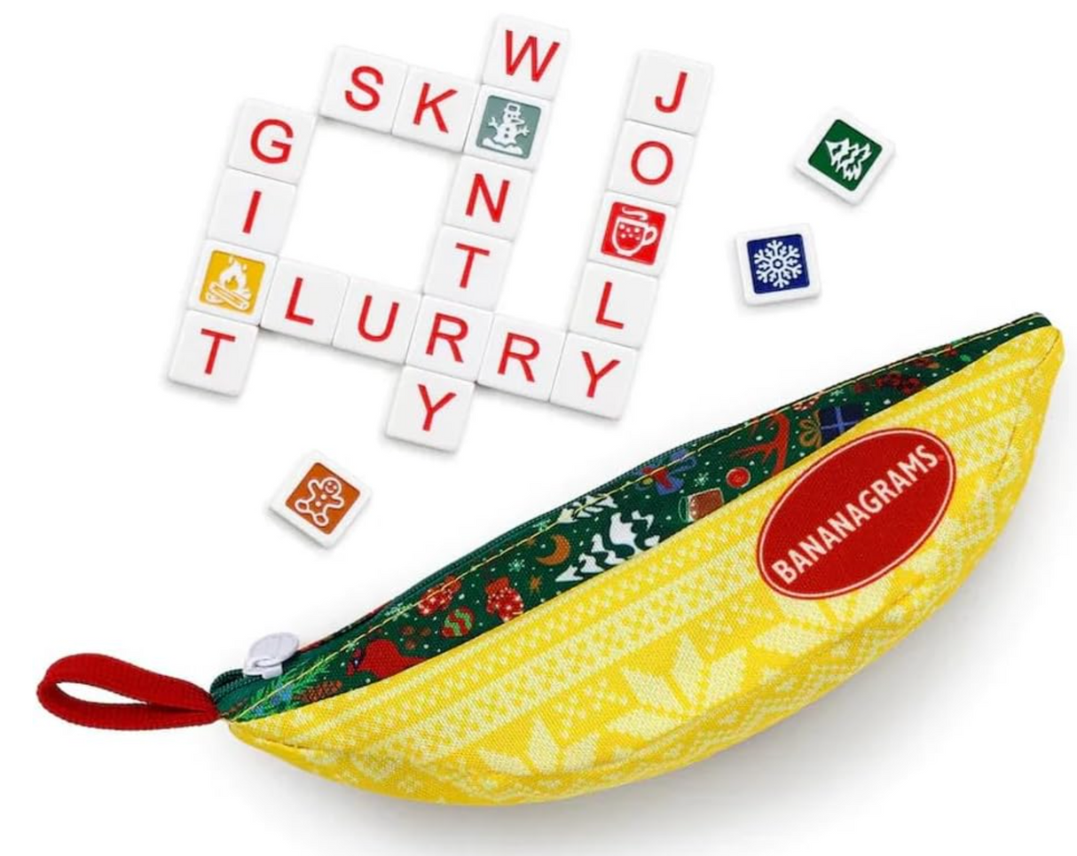 Bananagrams | Winter Wonderland showing festive word tiles spelling winter words with a holiday-themed pouch.