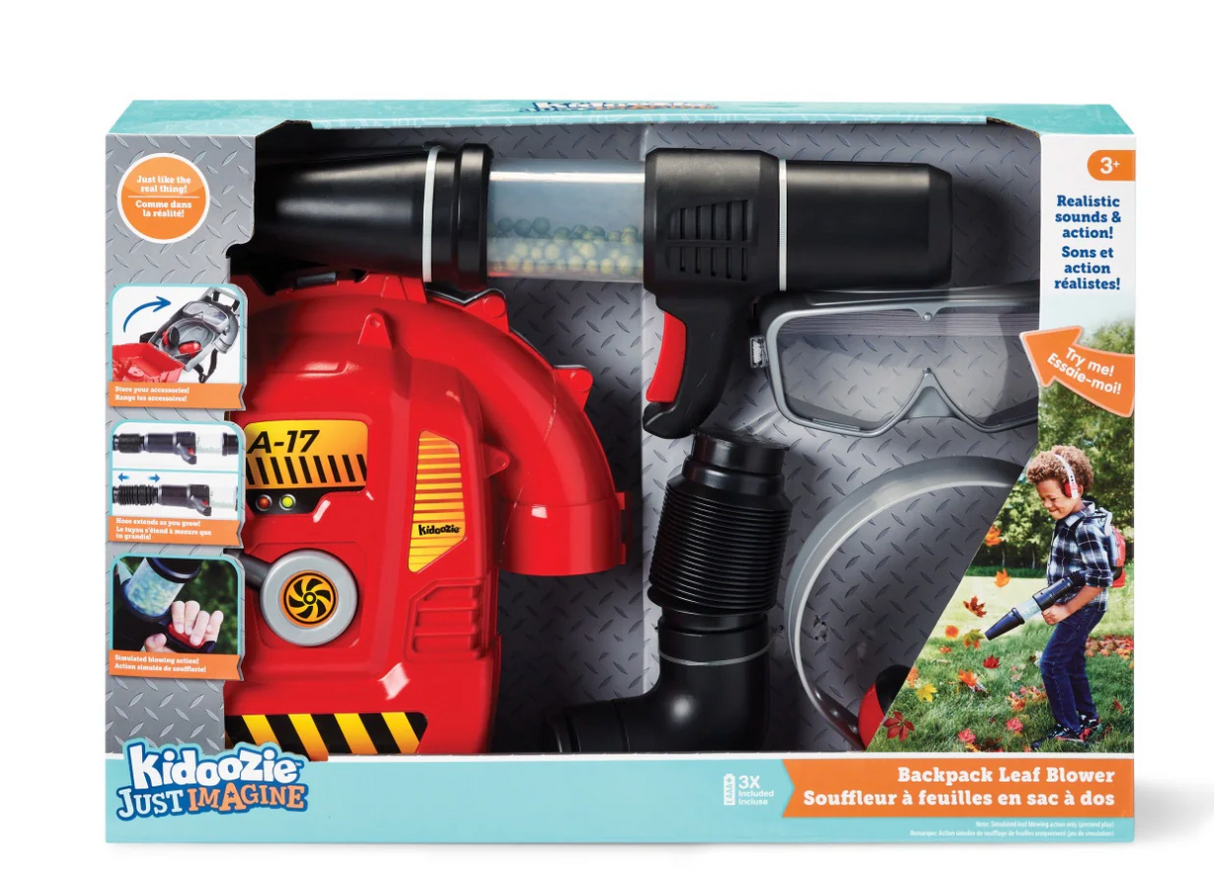 Backpack Leaf Blower toy in packaging with goggles and earmuffs, designed for kids with realistic sounds and action.
