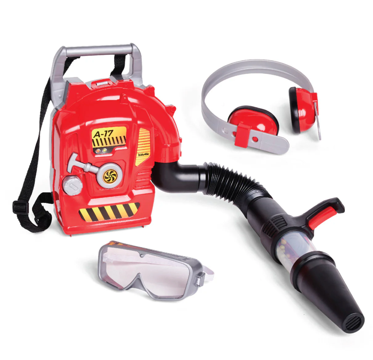 Backpack Leaf Blower toy set with red blower, safety goggles, and earmuffs for kids, simulating outdoor yard work fun.