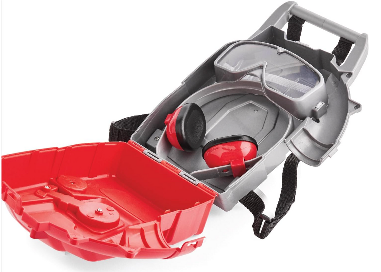 Backpack Leaf Blower showcasing storage compartment with included safety goggles and earmuffs for kids' outdoor play.