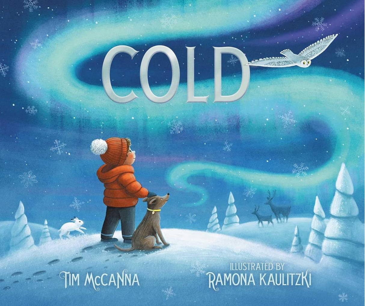 Cold book cover showing a child and dog watching an owl in a snowy winter night with northern lights.
