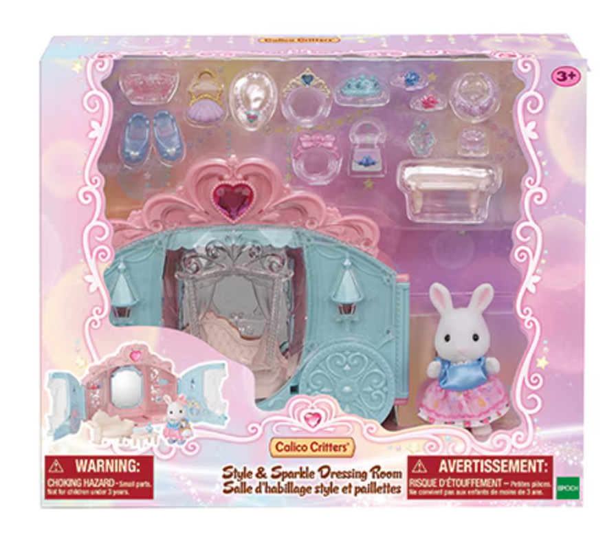 Style & Sparkle Dressing Room with sparkly carriage, princess Snow Rabbit figure, accessories, and carry case for ages 3+