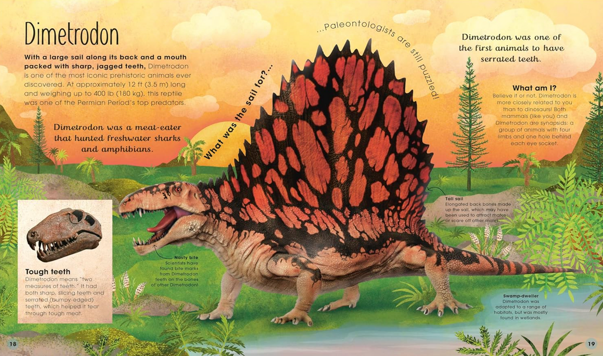 Prehistoric Worlds showing a detailed illustration of the Dimetrodon with educational facts for children ages 7-9.