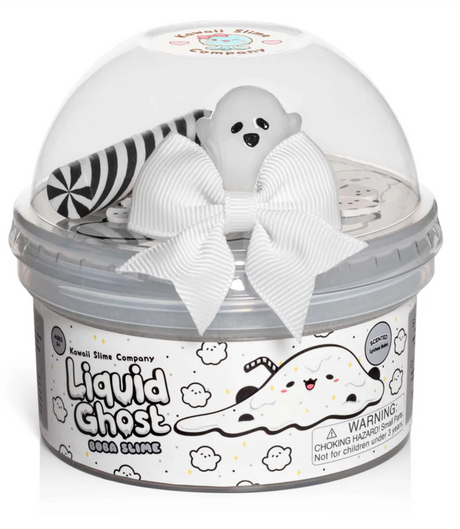 Liquid Ghost Boba Clear Slime in container with ghost charm, striped straw, and white bow, lychee boba scent.