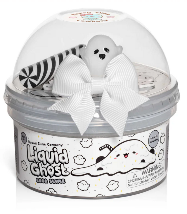 Liquid Ghost Boba Clear Slime in container with ghost charm, striped straw, and white bow, lychee boba scent.