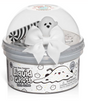 Liquid Ghost Boba Clear Slime in container with ghost charm, striped straw, and white bow, lychee boba scent.