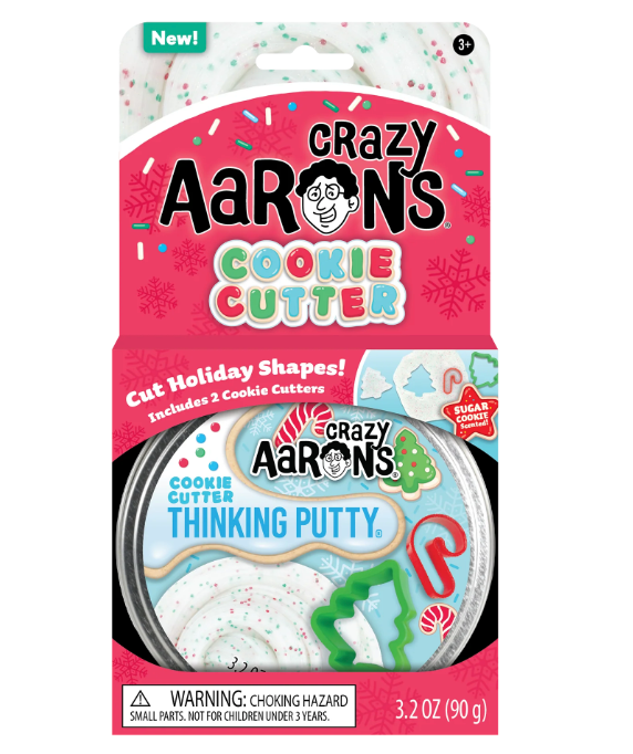 Holiday Cookie Cutter Thinking Putty with red and green glitter and two festive cookie cutters in packaging