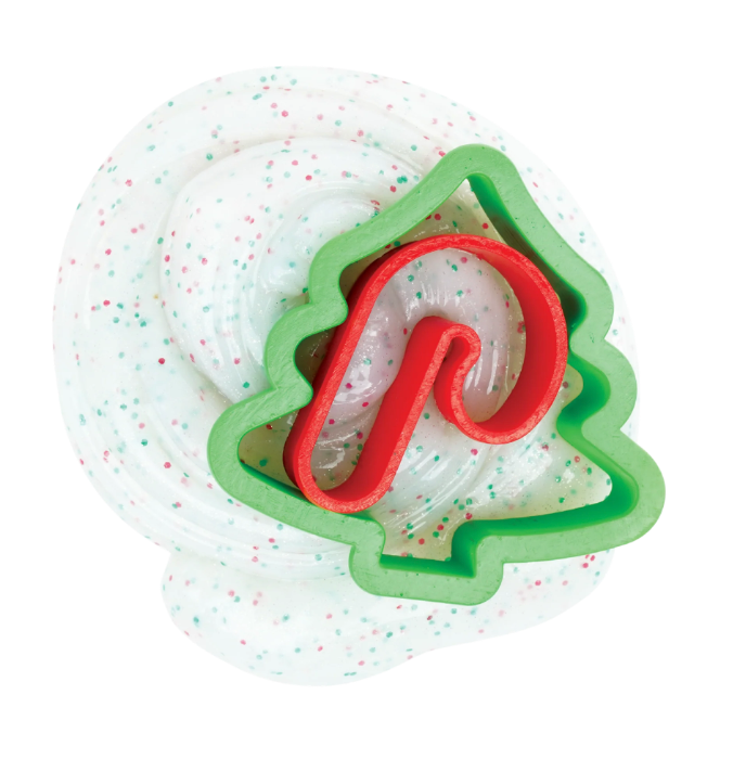 Holiday Cookie Cutter Thinking Putty with green and red glitter and two holiday-themed cookie cutters for tactile fun.