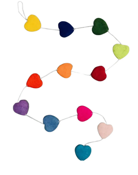 Felt Garland | Hearts with colorful handmade wool felt hearts on a string, 57" long, perfect for room decor.