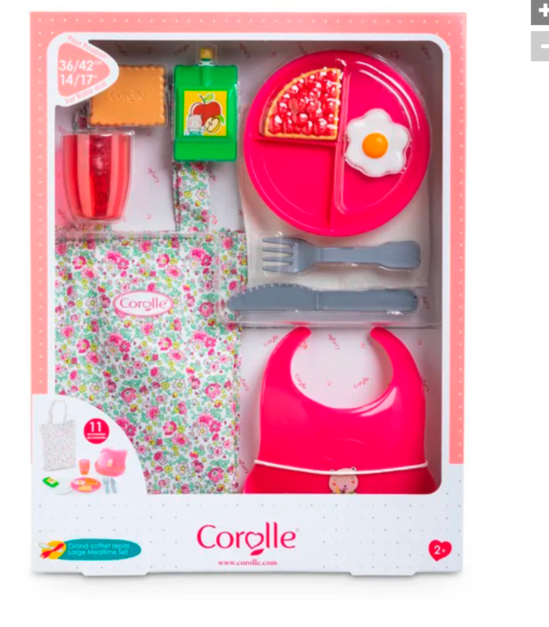 Mon Premier Large Mealtime Set with bib, plate, cup, spoon, knife, fork, and toy food for 12" dolls.