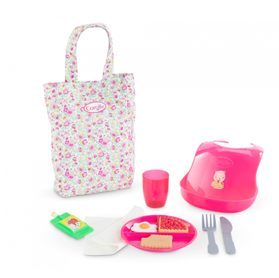 Mon Premier Large Mealtime Set with bib, spoon, plate, egg, pie, compote, cookie, cup, and bag for 12” dolls.