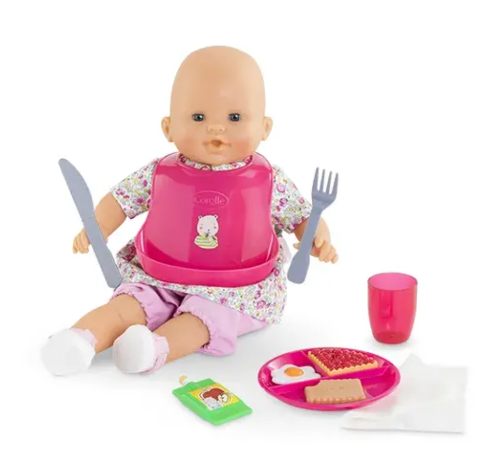 Mon Premier Large Mealtime Set with doll, bib, plate, egg, pie, cookie, cup, spoon, fork, and napkin for 12" dolls.