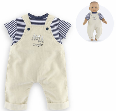 12in Loire Riverside T-Shirt & Overalls for 12-inch dolls with striped shirt and beige overalls by Corolle.