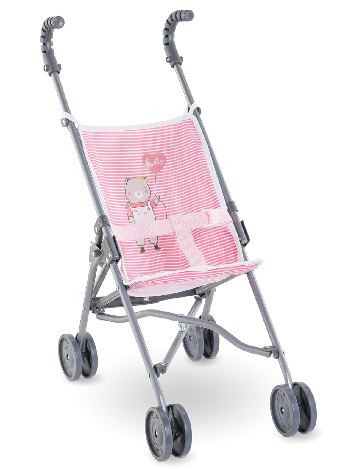 Stroller Umbrella Pink Stripe folded and standing, showcasing pink stripes and a cute bear design for dolls.